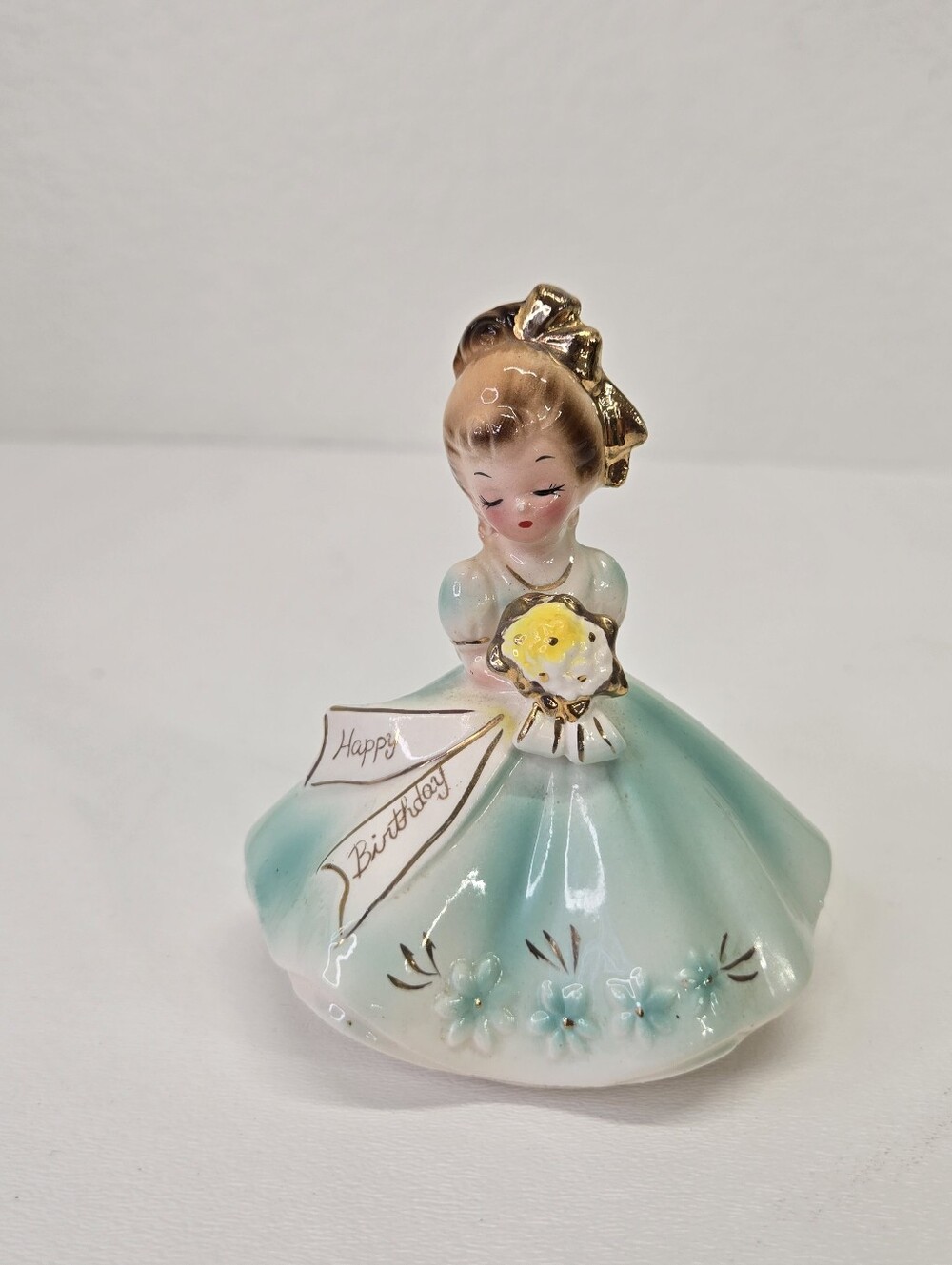 Vtg Josef Originals Happy Birthday Girl Figurine Green Dress Japan MCM Cake Topr